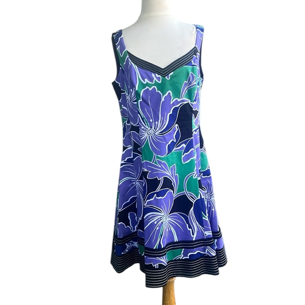 Nine West Fit and Flare Dress Black White Green and Purple Retro Floral